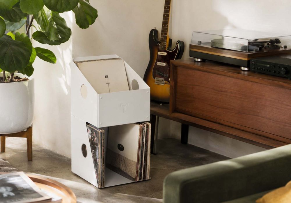 Boîte de rangement vinyle - Sur pied - Blanc - 2 niveaux Rangement vinyle - 2