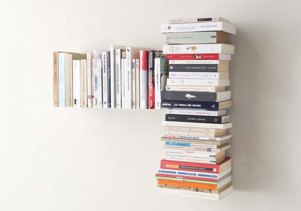 bibliothèque murale gauche installée dans un salon moderne avec des livres empilés