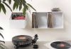 Boîte rangement vinyle sur pied en métal blanc pour disques vinyles 33 tours, meuble vinyle 2 niveaux