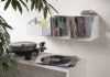 Boîte rangement vinyle sur pied en métal blanc pour disques vinyles 33 tours, meuble vinyle 2 niveaux