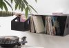meuble vinyle en métal noir sur pied pour rangement de disques vinyles 33 tours, boîte vinyle 2 niveaux